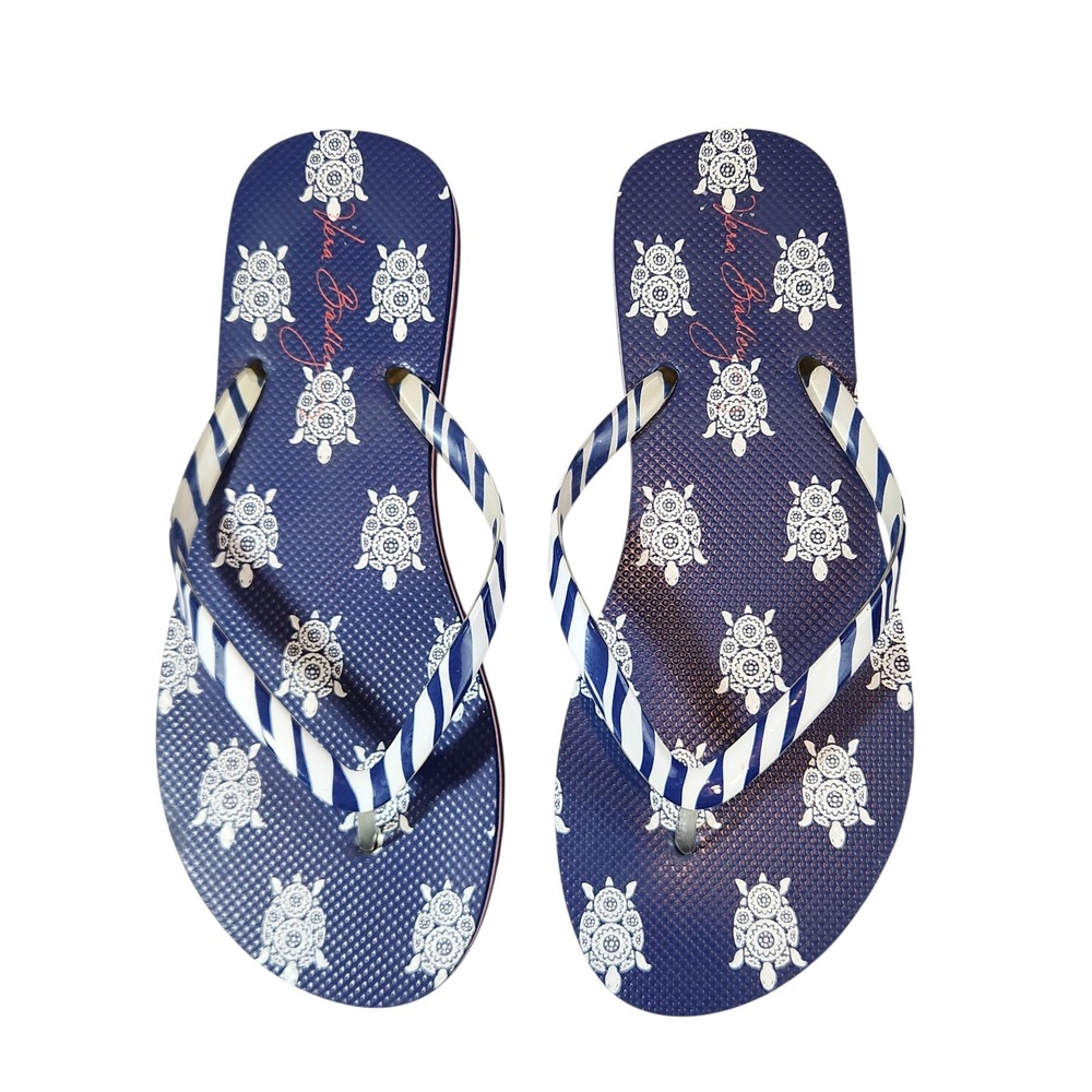 Vera Bradley Flip Flops Women Size L 9-10 Navy Blue Turtle Nautical Striped